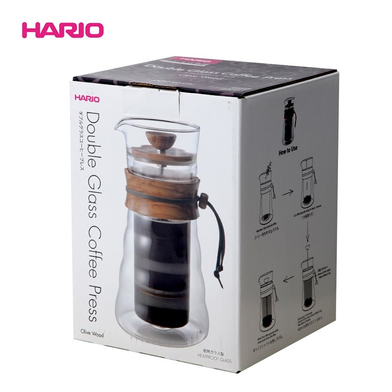 Hario Olive Wood 14 oz. Double-Walled Glass French Press with